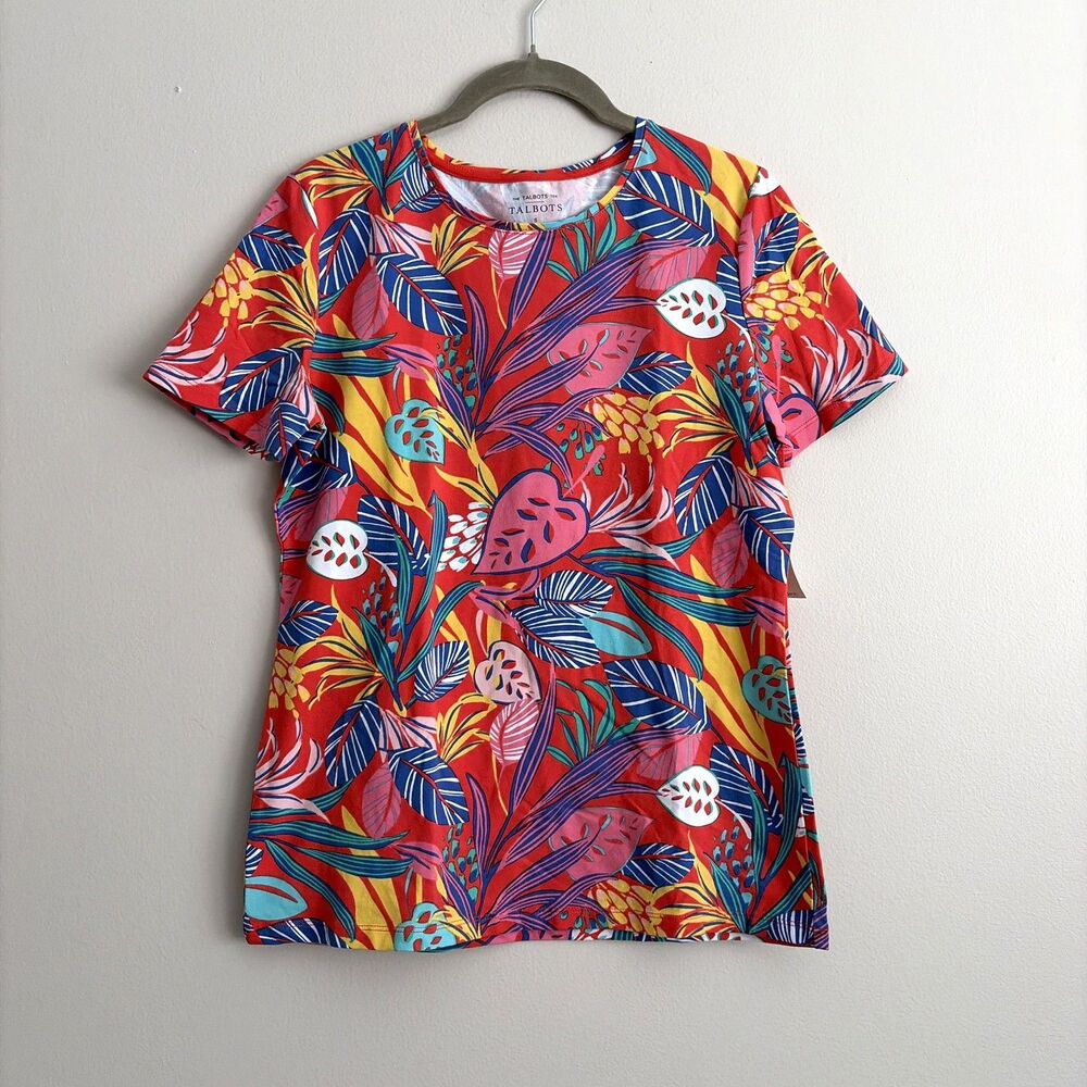 Talbots Womens Short Sleeve Shirt Size Small Red Floral Cotton Tropical Fun